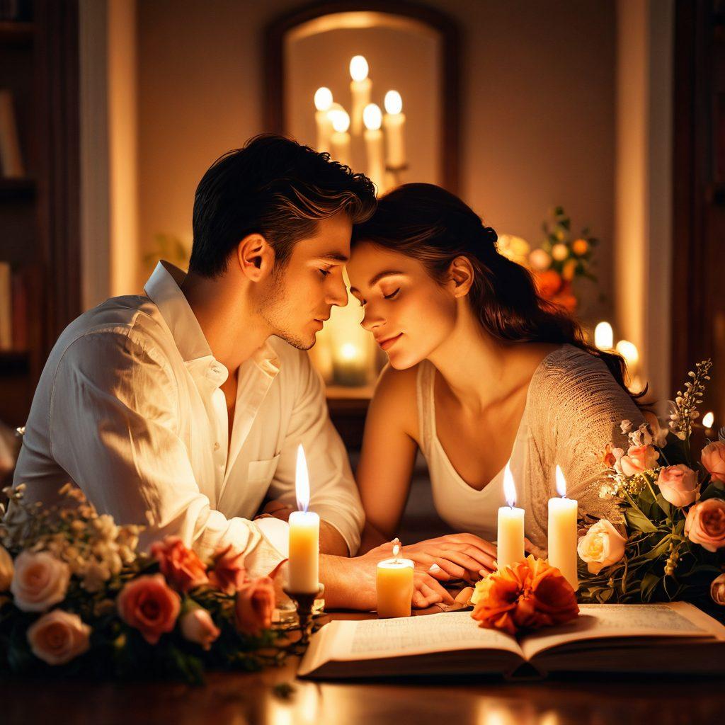 A romantic scene illustrating a couple engaged in an intimate moment, surrounded by soft candlelight and delicate flowers, symbolizing passion and connection. Incorporate warm colors to create a cozy atmosphere, depicting a whispering couple with tender expressions, suggesting deep emotional bonding. Include subtle hints of expert intimacy resources like books or flowers in the background. soft focus. warm tones. super-realistic.