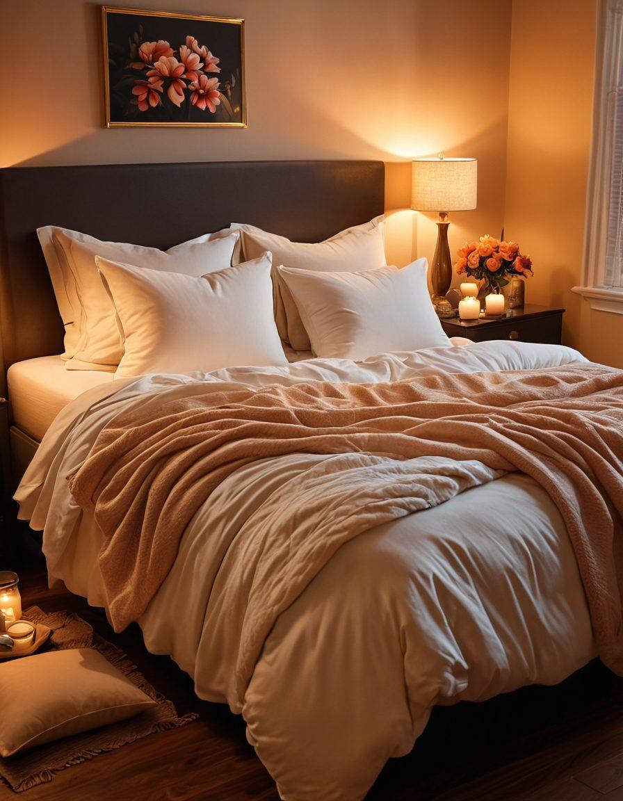 A soothing and inviting bedroom scene, featuring a beautifully arranged bed with plush pillows and soft blankets, flickering candlelight casting a warm ambiance. Include elements like intimate decor, soft flowers, and a hint of romantic touches. A subtle silhouette of two individuals communicating, symbolizing connection and closeness. Enhance the overall atmosphere with a gentle and calming color palette. super-realistic. vibrant colors. warm lighting.